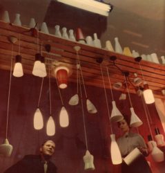 Designers Lilian Linnaks (Estoplast) and Udo Umberg (Standard) with products of Estoplast.  1961. Photograph from the collection of the Estonian Museum of Applied Art and Design.