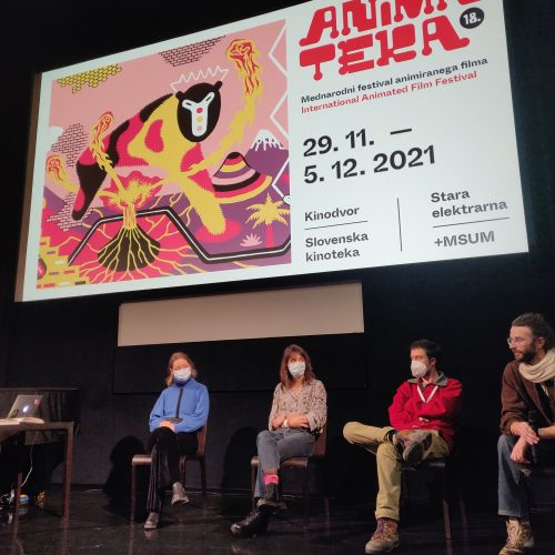 Vestlus autoritega Animateka festivaliil. Animaosakonna vilistlane Bruno Quast pildil paremalt esimene.