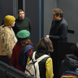 Theodore Ushev talking to students after his lecture.