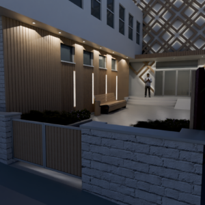 Tänavalt vaadates avaneb külastajatele ja möödujatele sõbralik ning kutsuv sisehoov. Autorid: Disaini ja innovatsiooni õppekava tudengid Anet Jaks, Daniela De Osti, Karmen Saat, Kärt Keek, Siim-Aoum Villido